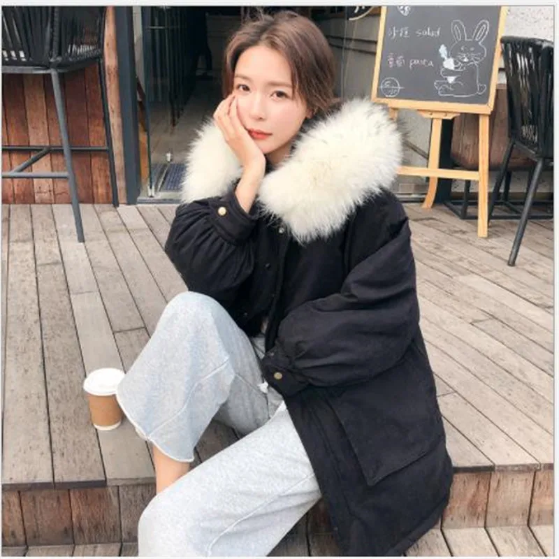 Hooded Fur Collar Fashion Winter Women Jacket Loose Cotton-Padded Coat Medium-Long Female Snow Wear With Large Pockets M075