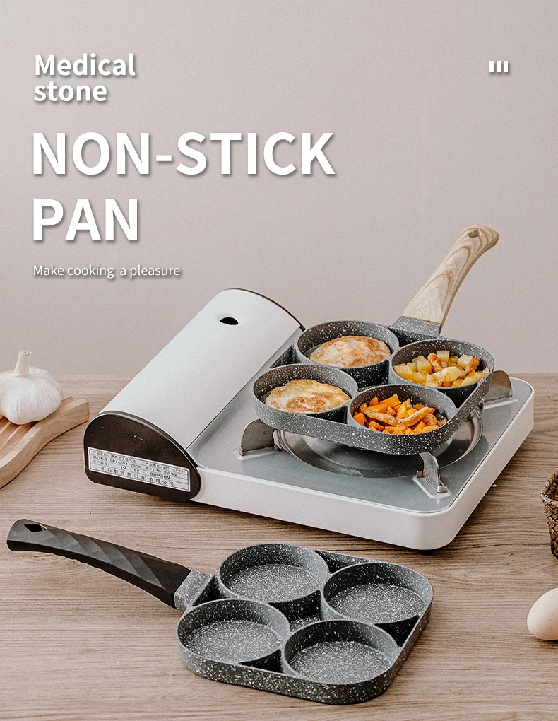 Non-stick Frying Pot Pan 2/4 Holes Steak Egg Pancake Thickened Omelet Pan Wooden Handle Pan For Kitchen Utensils