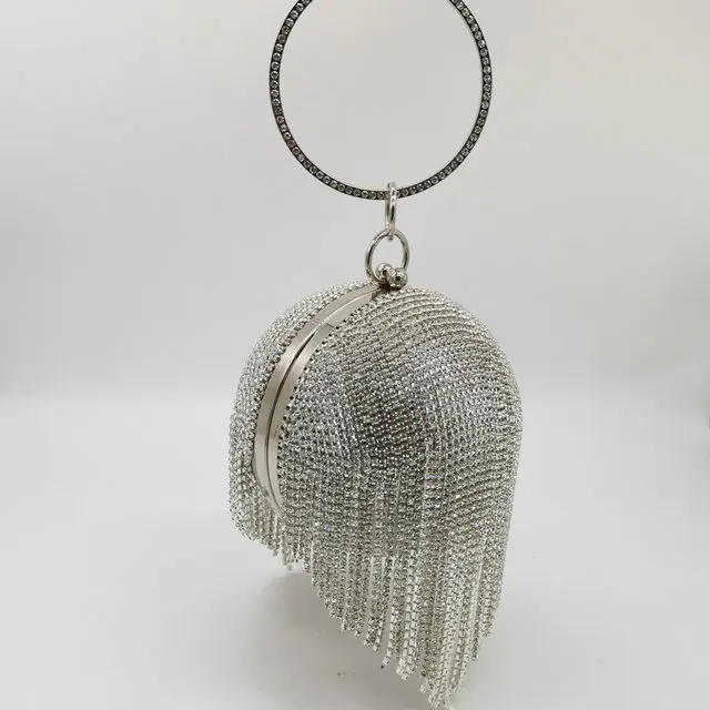 Женский вечерний клатч из страз, золотистая металлическая сумочка с кисточками из кристаллов, свадебная сумка через плечо, с браслетом на руку, кошелек - Цвет: MIL1248-SIL