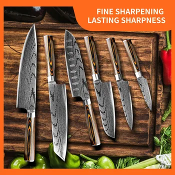 

High Quality 8"inch Kitchen Knife Damascus Pattern Laser Knife Santoku Stainless Steel Kitchen Knives Cleaver Slicing Chef Knife