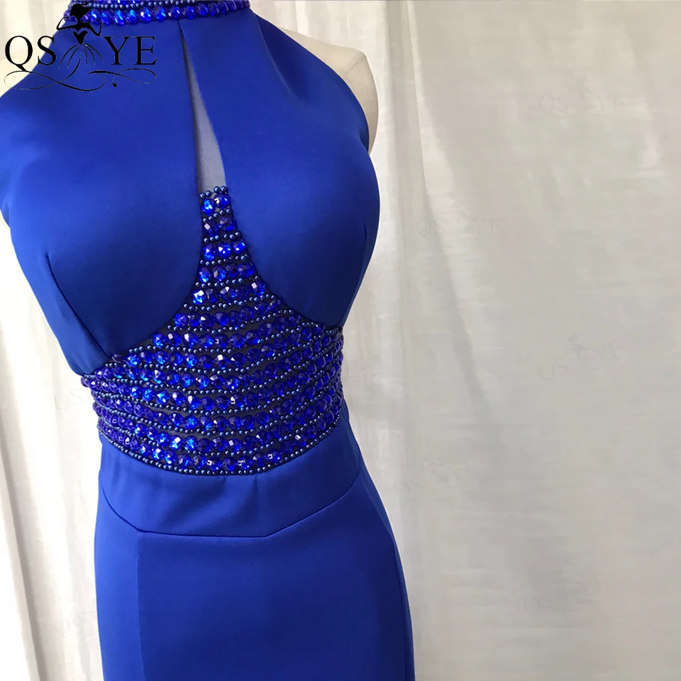 open lace back dress Modest Royal Blue Beaded Long Slit Prom Dress Strapless Evening Gown main image 0