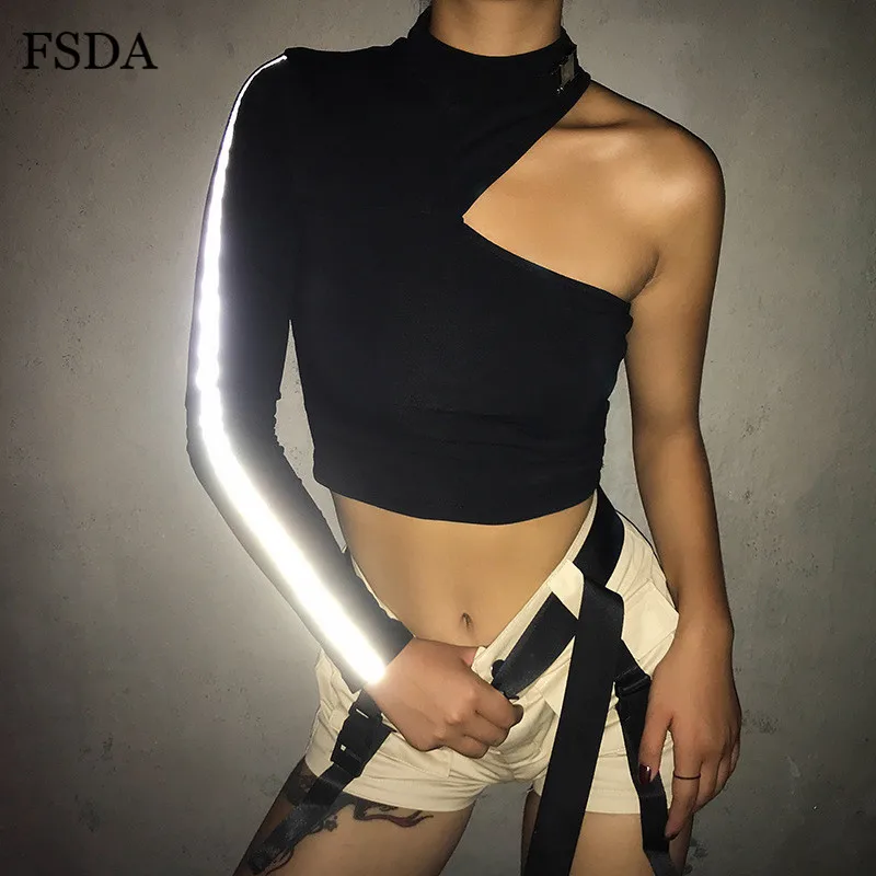 

FSDA One Shoulder Reflective Crop Top Long Sleeve Patchwork Streetwear T Shirt Women Turtleneck Summer Autumn Black Buckle Tee