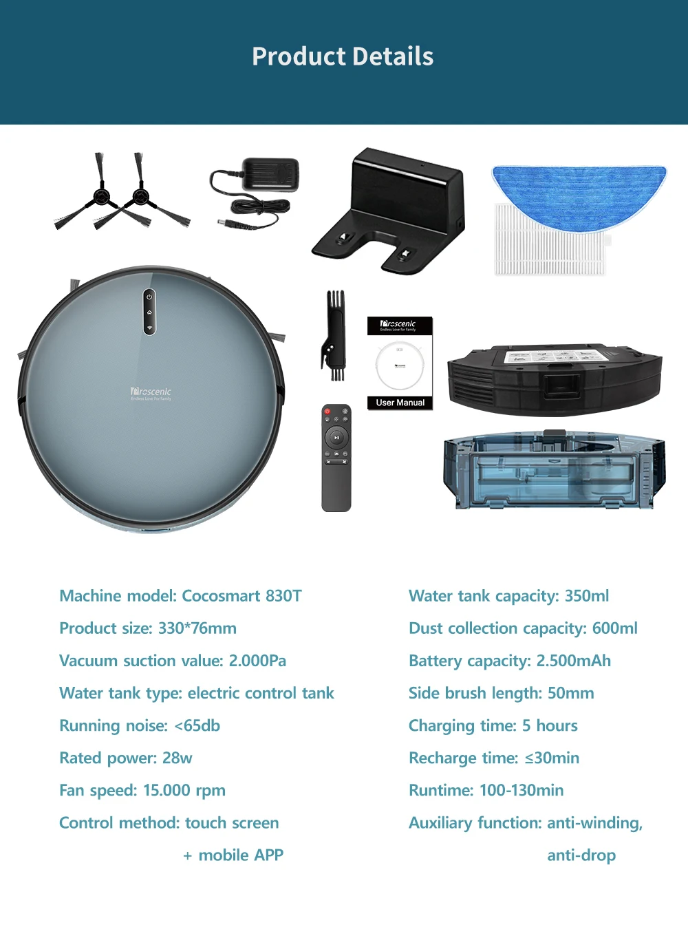 2020 Version Proscenic 830T Robot Vacuum Cleaner (3 in 1 Saugroboter mit Wischfunktion) APP Control Water Tank Large Dust Box10