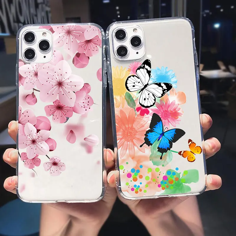 Fashion luxury flower butterfly cherry blossom Phone Case For iPhone 12 11 Pro Max XR X XS MAX 7 8 6s Plus Soft TPU Cover Fundas | Мобильные
