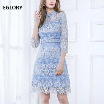 

High Quality Lace Dress 2020 Summer Style Women Allover Cochet Lace Flower Patterns 3/4 Sleeve Slim Fitted Party Blue Dresses