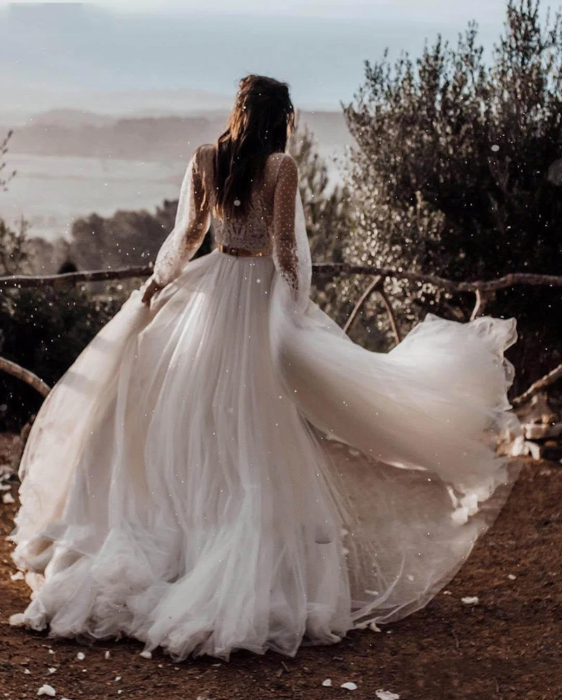 Сексуальные платья невесты с v-образным вырезом vestido de Casamento Пышные свадебные платья из фатина Boho A Line свадебное платье с пышными рукавами