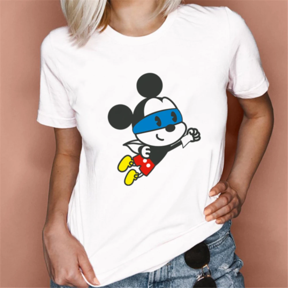 Camiseta con estampado de Mickey y Minnie de Disney para mujer, ropa de mujer, de gran tamaño con cuello redondo, camiseta informal Harajuku de manga corta|Camisetas| - AliExpress