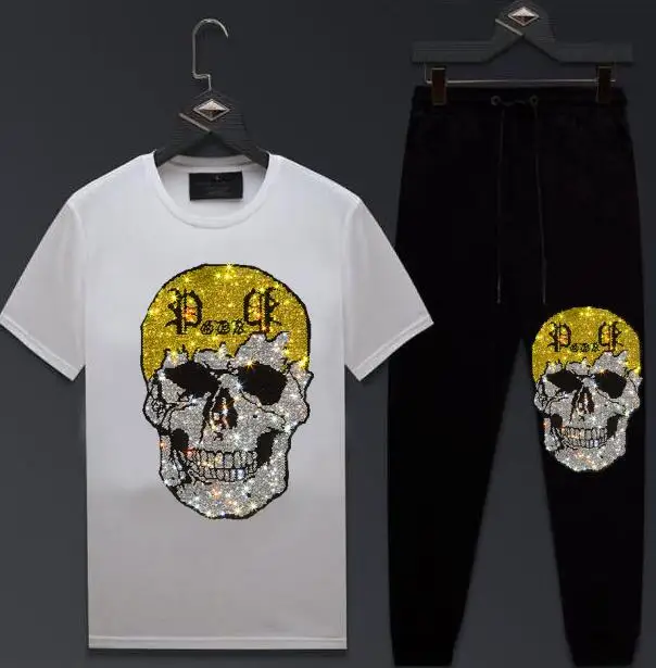 

Brand Men Clothing Sets Tracksuit 2 Piece Sets Rhinestones Men's short Sleeve Set Sports Suit Streetswear