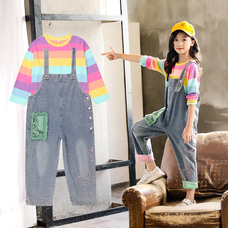 

Girls Clothing Set Autumn Teenage Girls Rainbow T Shirt Overalls Jeans School Tracksuit Girls Clothes Children Costume 8 10 Year