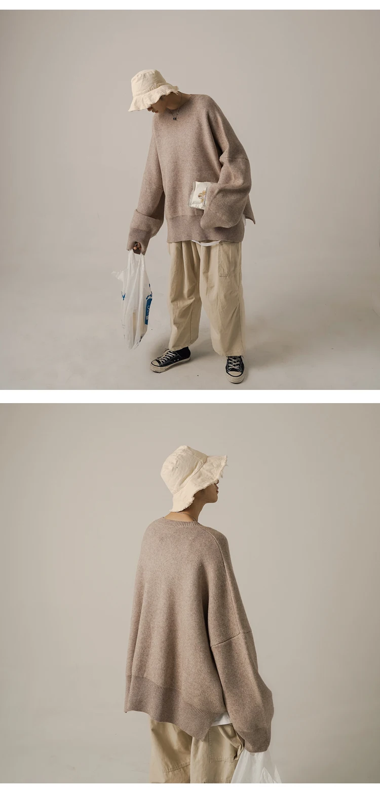 Autumn New Fashion Casual Trend Korean Version Of The Solid Color WildUnderThe SplitLoose Knit Head Handsome Couple Sweater