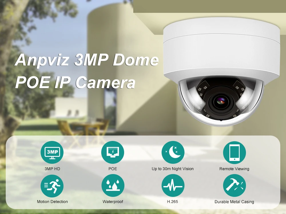 Anpviz 3MP POE Outdoor IP Camera Dome Security Home/Outdoor Camera Nightvision Up to 30m Motion Detection Alert IP66 H.264