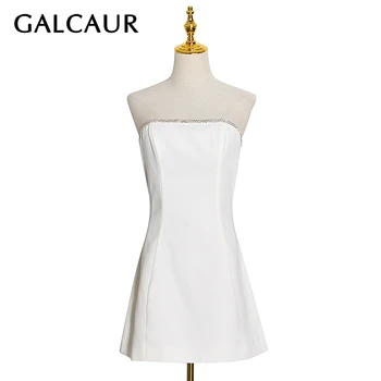 

GALCAUR White Dress For Women Slash Neck Sleeveless Strapless Patchwork Diamonds Designer Sexy Dresses Female 2020 New Clothing