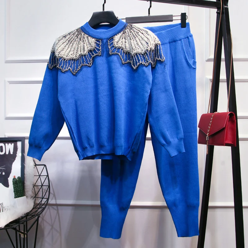 

High quality women's sweat suit 2019 Autumn pearls beading sweaters + casual pants two piece set women leisure suit A908