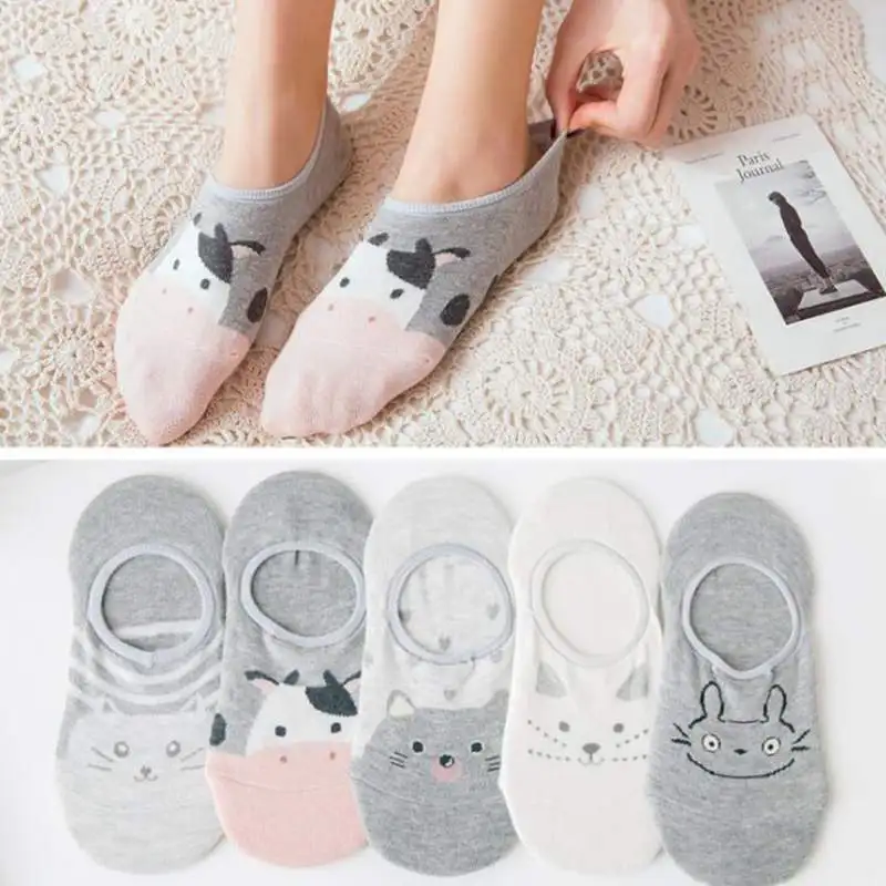 gray cow short 5 пар/уп. мультяшные принты Kawaii милые носки до лодыжки женские хлопковые короткие носки с рисунком животных Calcetines Skarpetki - Цвет: gray cow short