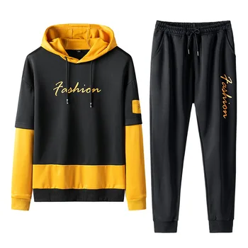 

2019 New Style Hooded Sweater Suit Color Matching Printing Color Contrast Long-Sleeved Hooded Sweater + Trousers Two-Piece Set