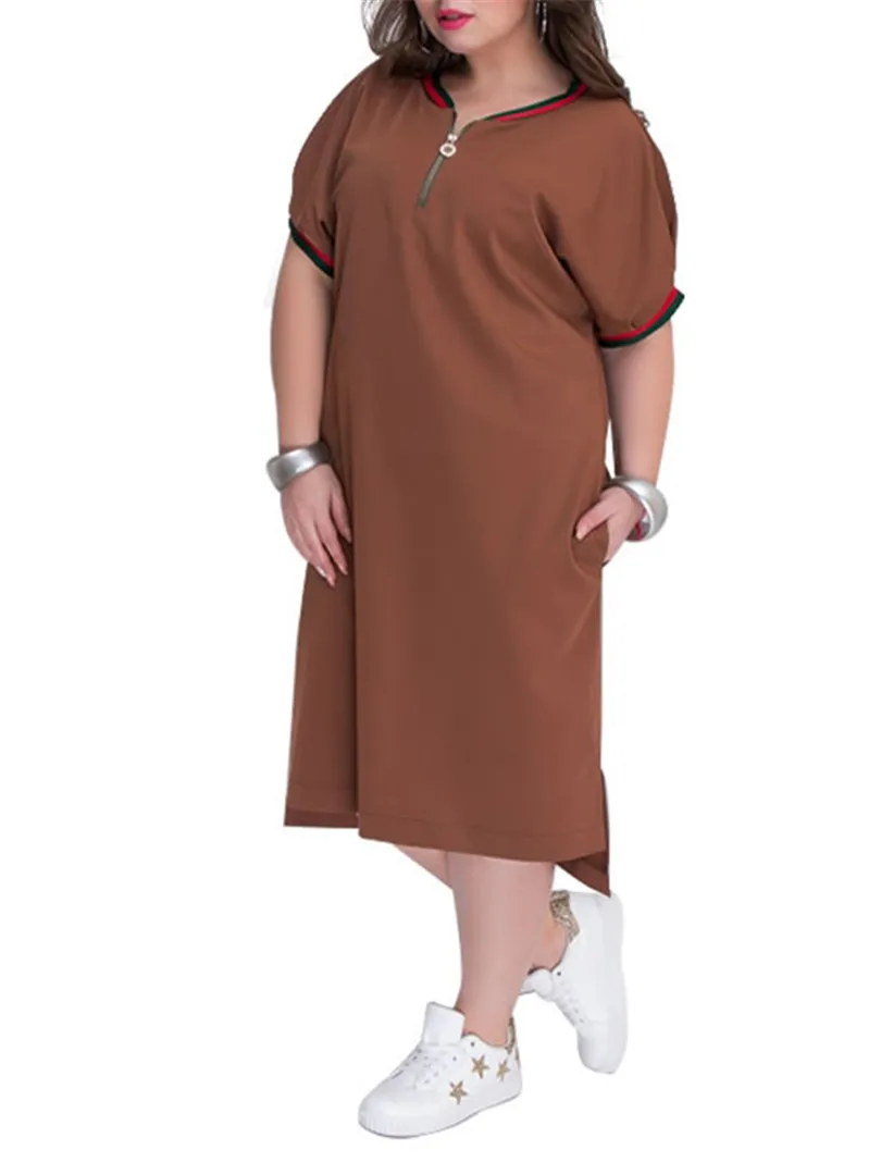 5XL 6XL размера плюс прямые женские платья с круглым вырезом на молнии большого размера летние повседневные свободные однотонные платья красного цвета Vestidos