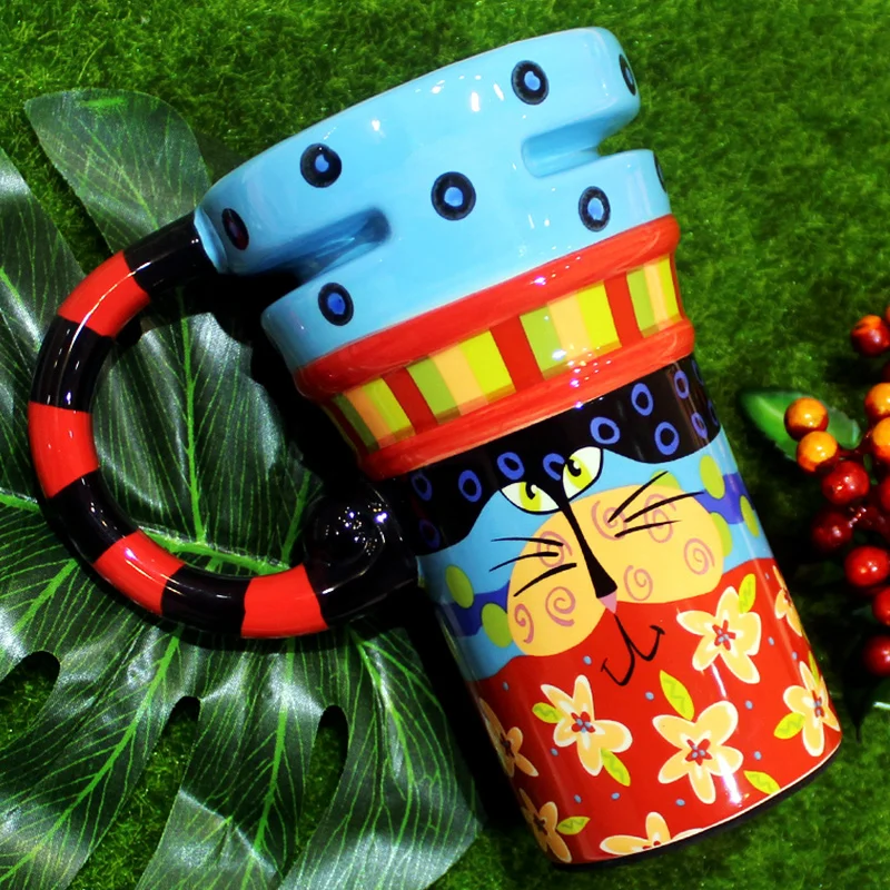 Ручная раскрашенные кружки большой емкости воды cupceramic чашка с ложкой кофейная чашка креативная пара чашки кофе кружки путешествия кружка подарки - Цвет: 5