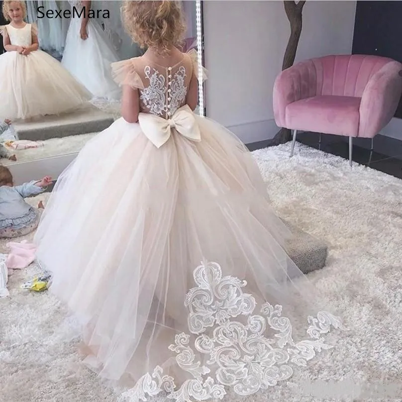 champagne Champagne Puffy с фатиновой юбкой; детская одежда; платье с цветочным узором для девочек для Свадебное кружево Аппликация Первое Святое Причастие платье; праздничные платья для девочек - Цвет: champagne