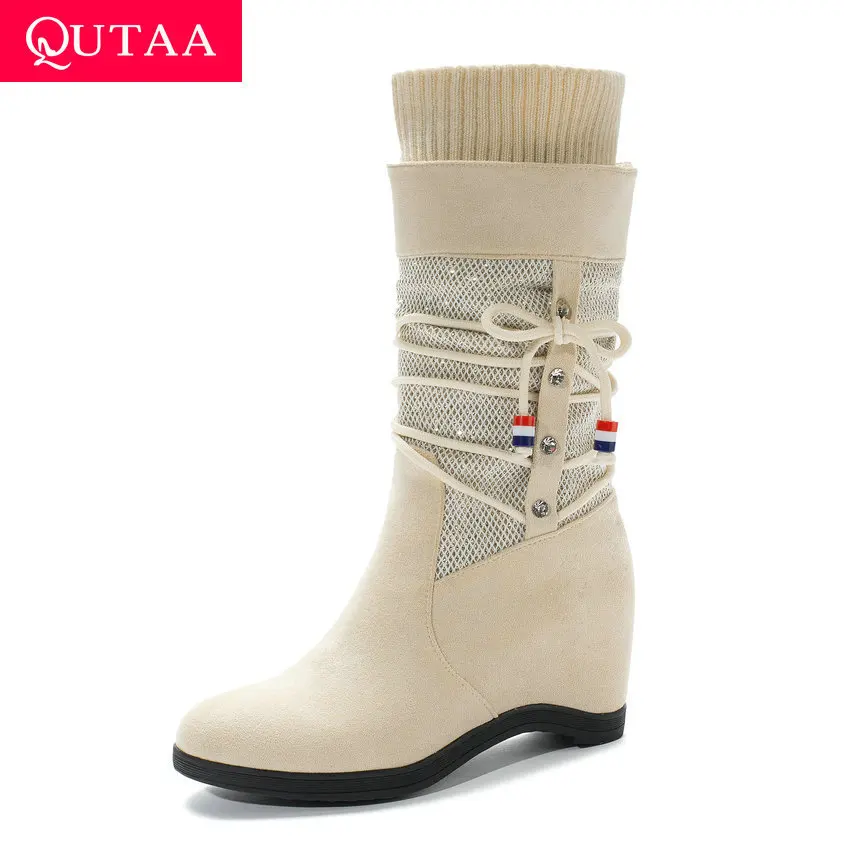

QUTAA 2020 Scrub Knitting Height Increasing Casual Mid Calf Boots Fashion Wedge Heel Round Toe Lace Up Women Shoes Size 34-43