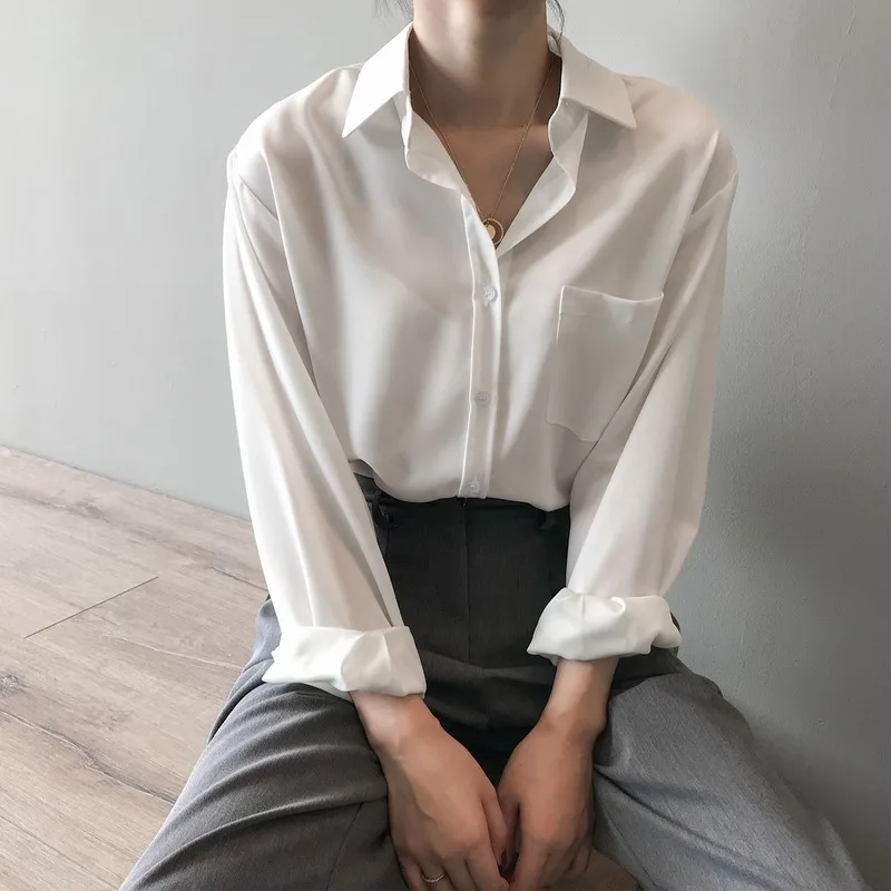 

Women Loose White Shirts Turn Down Collar Long Sleeve Tops For Elegant Women Blouse 2020 Spring Summer White Shirt