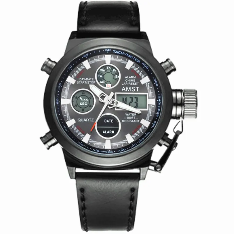 AMST Брендовые мужские спортивные кварцевые часы с кожаным брезентовым ремешком, светодиодные цифровые 50 м водонепроницаемые армейские военные наручные часы с подарочной коробкой - Цвет: Black