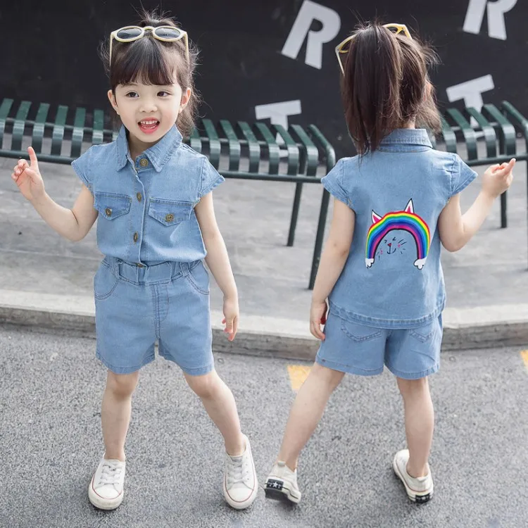 

2019 Summer New Style Short Sleeve Cowboy CHILDREN'S Suit Korean-style Rainbow Cat Men And Women Child Denim Suit