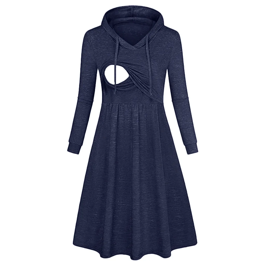 Maternity Dresses Winter Nursing Dress Breastfeeding Elegant Autumn Solid Cotton Long Sleeve Hoodie Maternity Casual Dress Y104