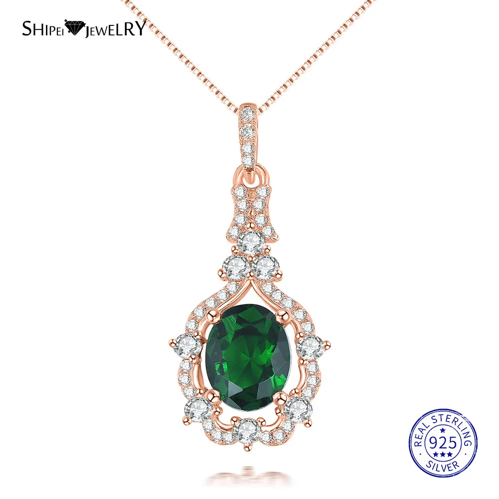 RoseGold-Green Shipei стерлингового серебра 925 ювелирные изделия Овальный Изумрудный Сапфир, рубин Водолей Кулон ожерелье для женщин подарок на день рождения - Цвет камня: RoseGold-Green