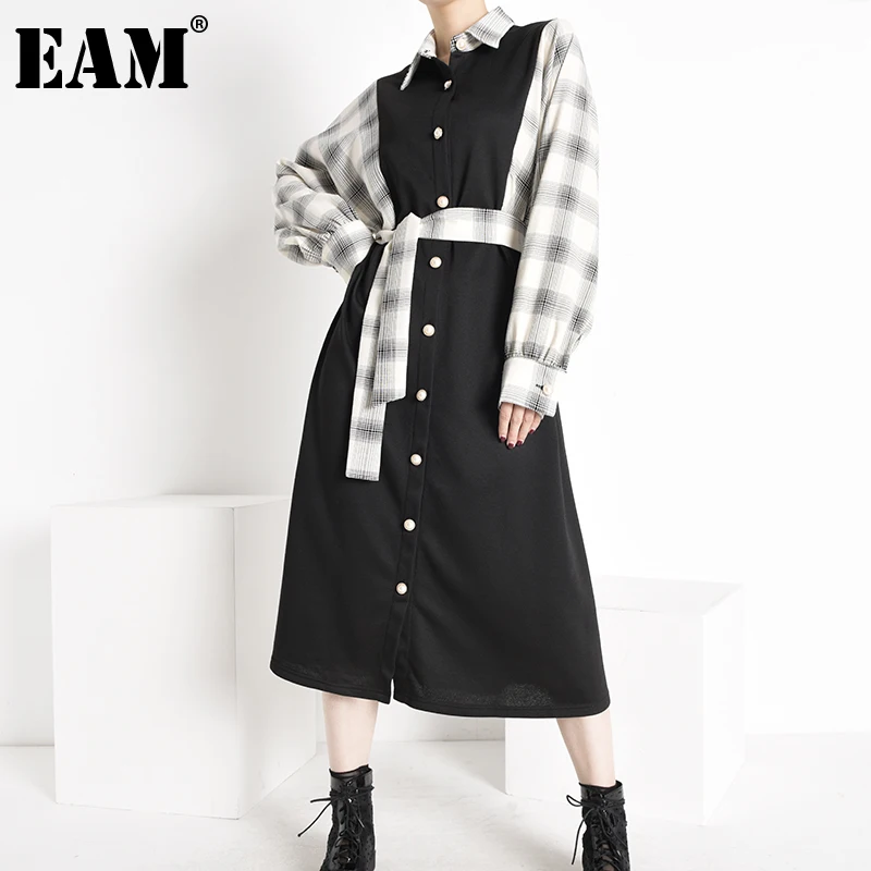 [EAM] женское черное клетчатое Бандажное платье большого размера длинное рубашка