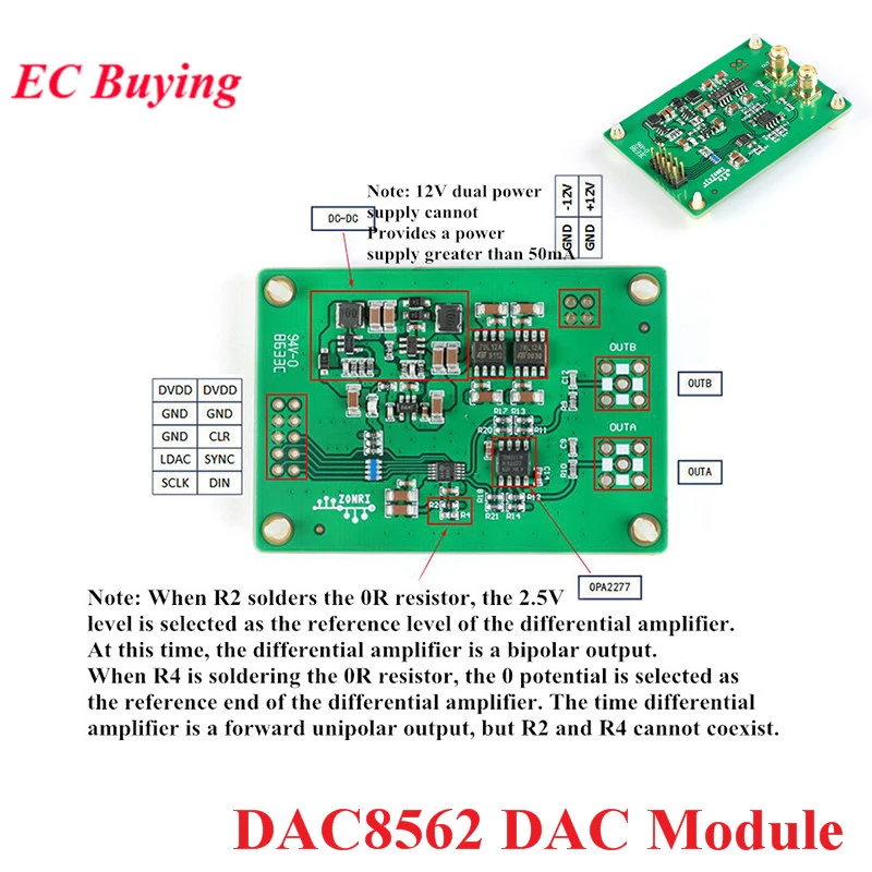 DAC8562 DAC Module ±10V Signal Amplitude 16-Bit DAC Single// Bipolar Output pans