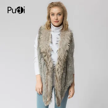 

VR051 Knitted knit new real rabbit &raccoon fur vest overcoat jacket women's winter warm genuine raccoon collar vest plus size