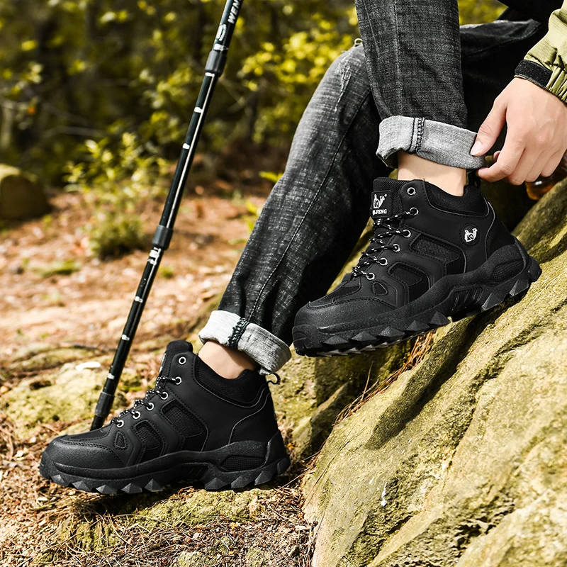 Large Size Outdoor Ankle Boots Men Snow Boots Fashion Lace Up Casual Sneakers Leather Winter Cowboy Footwear Hiking Shoes Spring
