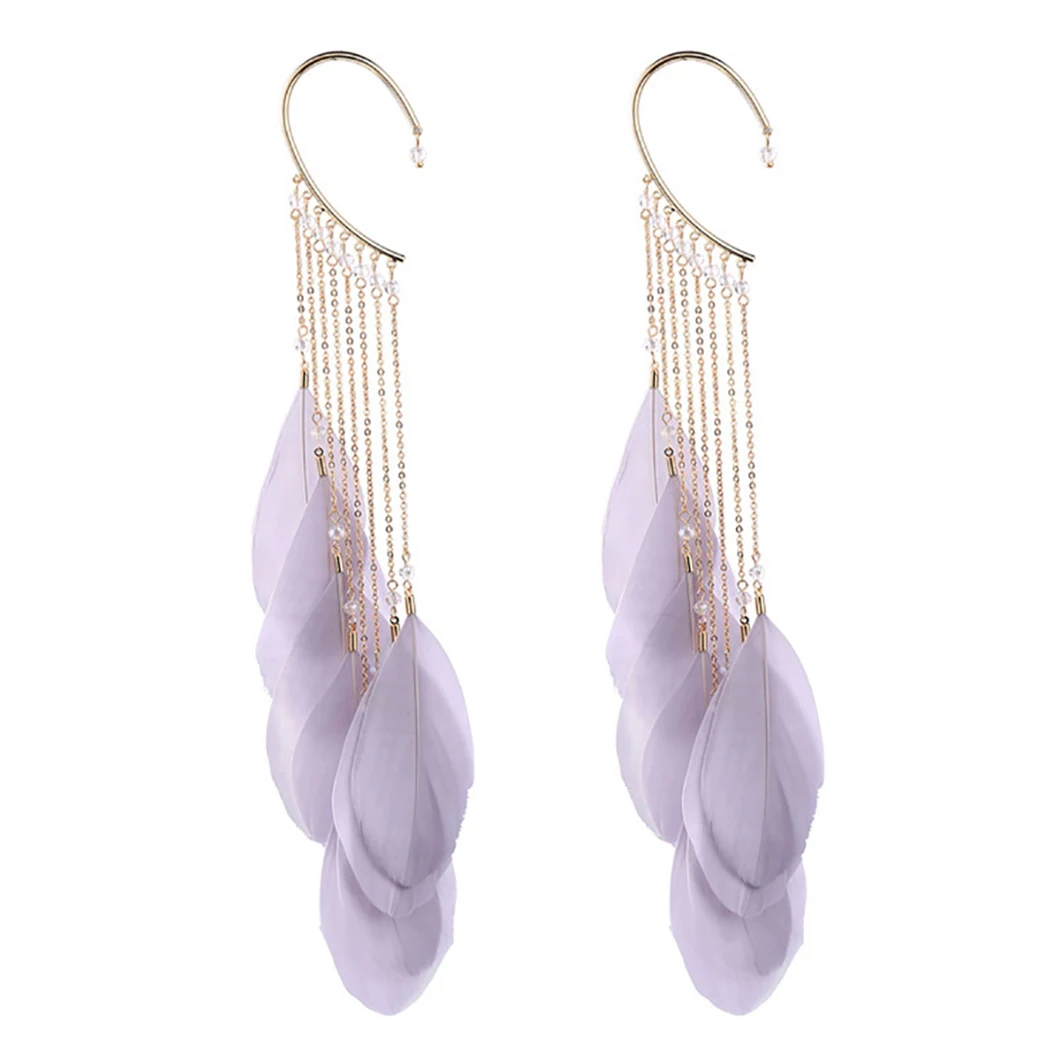 Grey 1 Pair Drop Earrings Women Non-Pierced Fake Feather Tassel Ear Clip Pendant Earrings No Ear Hole Earrings Fashion Jewelry - Окраска металла: Grey