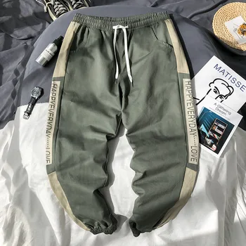 

Japanese Streetwear Autumn Cargo Pants Men Pure Cotton Elatic Waist Drawstring Trousers Men Side Striped Pencil Pants M-4XL