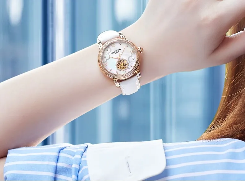 Карнавальная Мода женские Tourbillon механические часы люксовый бренд кожаный ремешок светящиеся водонепроницаемые женские часы Автоматические