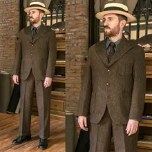 Двухкомпонентные мужские коричневые шерстяные костюмы в елочку, охотничьи костюмы, 3 кнопки, пиковые лацканы, винтажный костюм