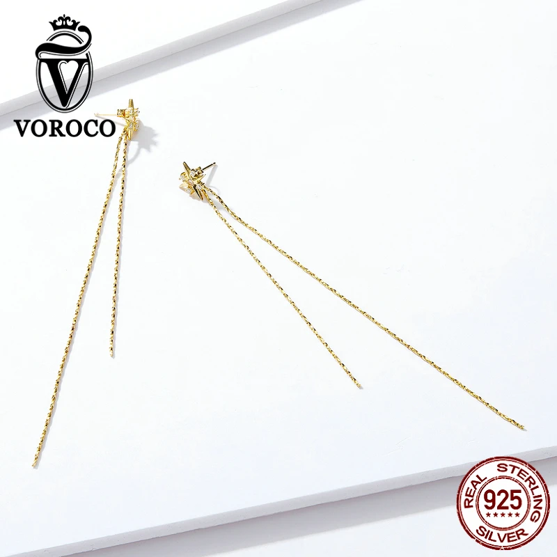 VOROCO BNE326 925 пробы серебряные Висячие Серьги Золотая Звезда длинные висячие серьги для женщин гипоаллергенные ювелирные изделия