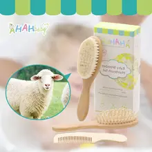 Brosse en bois pour nouveau né avec Logo personnalisé, 3 pièces/ensemble, pour bébé, poils de chèvre doux, masseur de tête, laine naturelle, peigne pour enfants