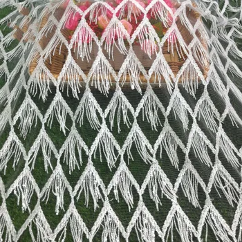 

3D Beaded Tassel Mesh Lace Fabric For Wedding Formal Dress 2019 High quality White Net Lace Trim 1Yard DIY Sewing Cloth Fabric