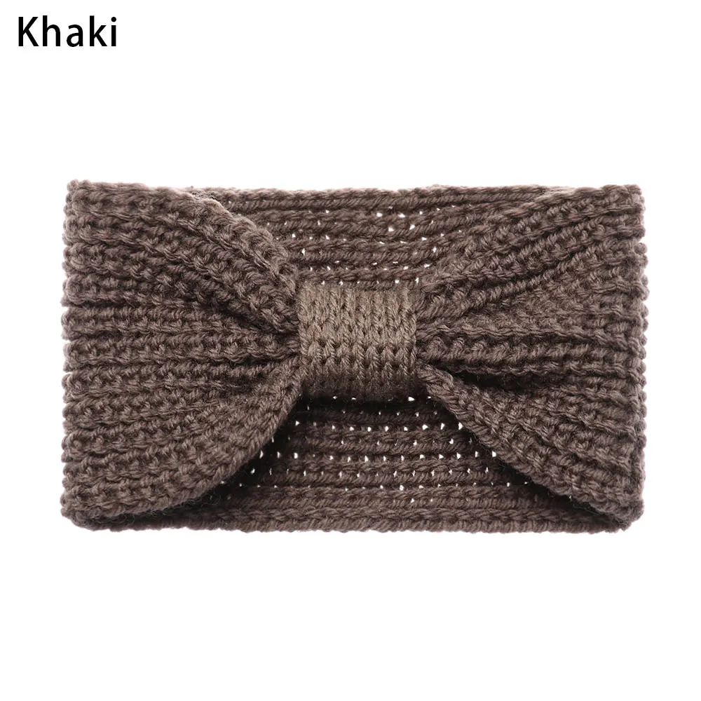 khaki Новинка, женские вязанные крючком шерстяные повязки на голову, зимние богемные плетеные повязки для волос, одноцветные повязки для волос ручной работы - Цвет: khaki