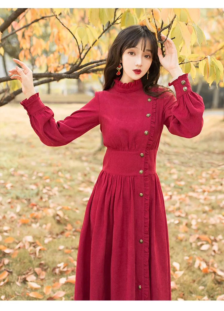 

2019 Autumn And Winter New Style French Retro Corduroy Long-sleeved Dress Slim Fit Slimming Waist Hugging Base Elegant Long Skir