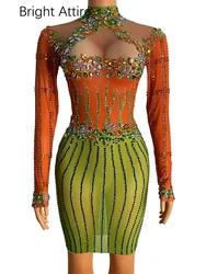 Scene Shining Big Crystals Mesh Sexy Bodysuit Sparkly Colorful Rhinestone  Party Nightclub Outfit Singer Stage Dance Costume