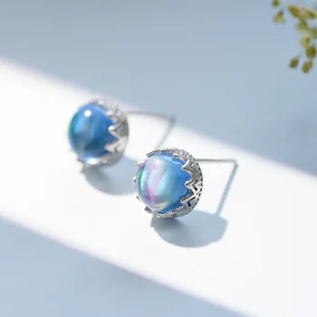 

925 Silver Stud Earrings Created Moonstone Fine Jewelry Round 9mm Moonstone Lovely Earring for Girls Party Wedding Jewelrys