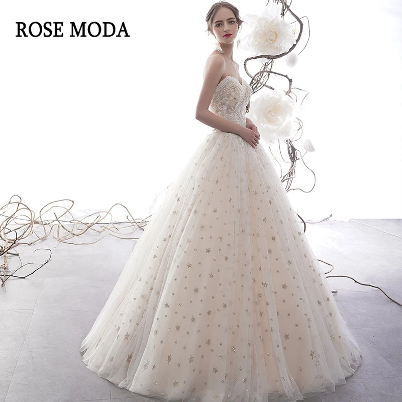 

Rose Moda Boho Lace Wedding Dress 2020 Ivory and Gold Glittering Lace Bridal Gown Custom Make