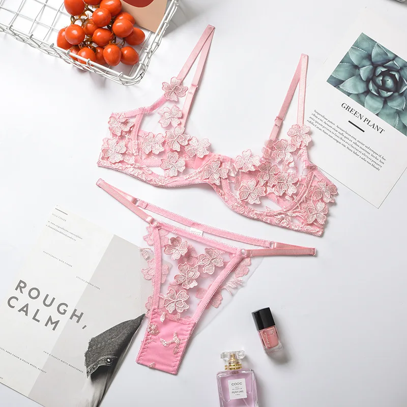 Sexy Lace Lingerie Set Floral See Through Bra Panty Nightwear Transparent Pink Underwear Women Embroidery Sheer Under Wear Sex bra and brief sets