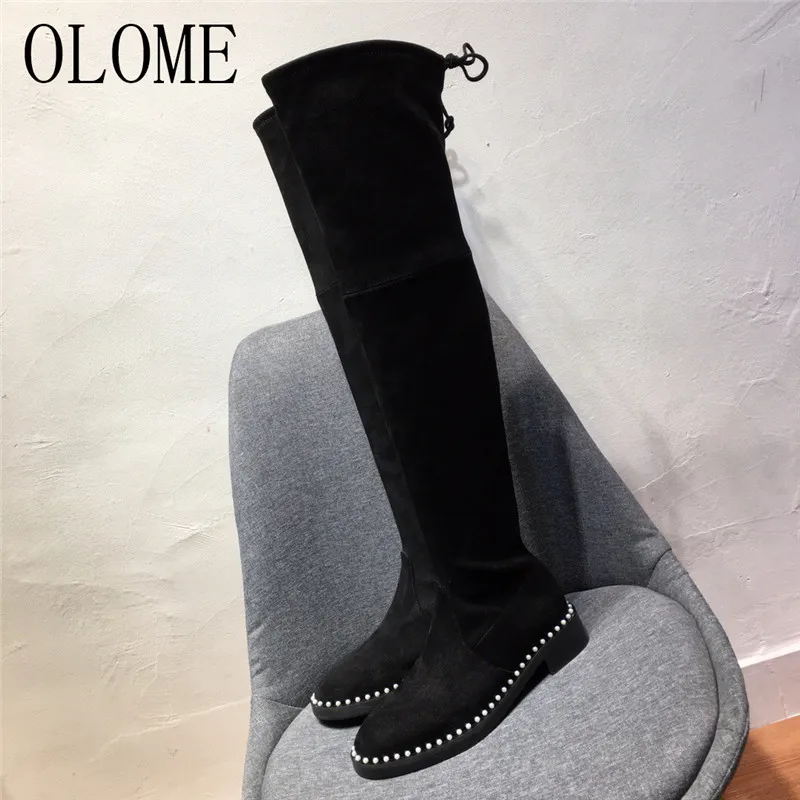 OLOME/Новые модные черные женские сапоги выше колена женские осенне-зимние сапоги с круглым носком, на шнуровке, с жемчугом, на толстом низком каблуке