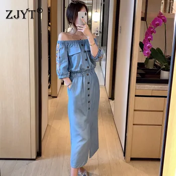 

New Arrival Summer Dresses for Women 2020 Fashion Runway Designers Short Sleeve Slash Neck Midi Casual Blue Denim Dress Lady