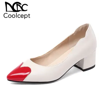

Coolcept Patchwork Women Pumps Pattern Leather Soft Casual Women Shoes Square Heel Office Lady Shallow Party Footwear Size 30-43