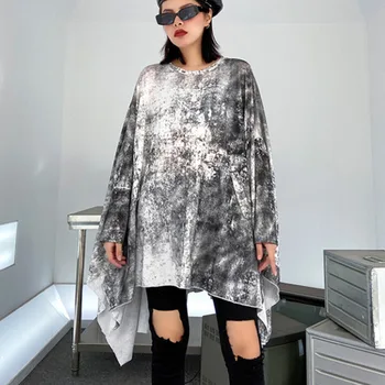 

XUXI Spring Autumn 2020 Large Size Asymmetric T-shirt With Simple Pattern Printing, Novel O Neck Long Sleeve Fashion FZ0874