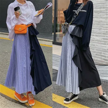 

New Women Ladies Two-Color Stitching Skirt Fashion High Waist Flared Pleated Long Maxi Skirts Women Elastic Flared Pleated Skirt